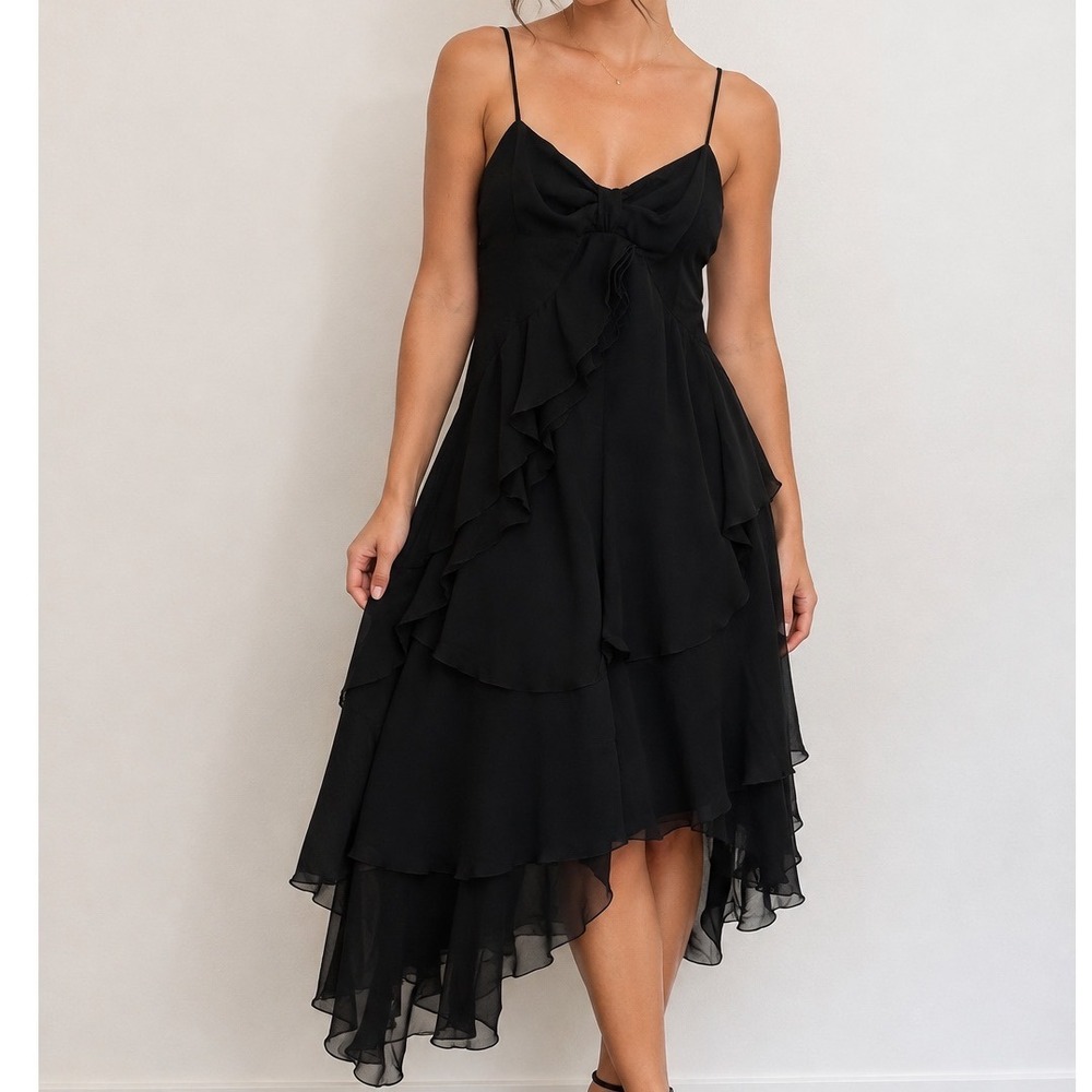 H&M Black Tiered Ruffle Dress 4 fits XS Whimsygoth Witchy Fairy Chiffon Midi LBD